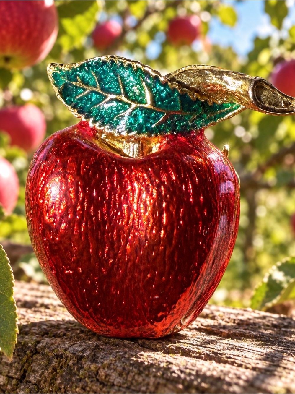 Red Apple Enamel Brooch with Green Leaf